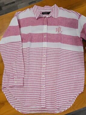 Ralph Lauren Striped Button-Down Shirt Dress/Tunic in Pink and White. 100% Linen